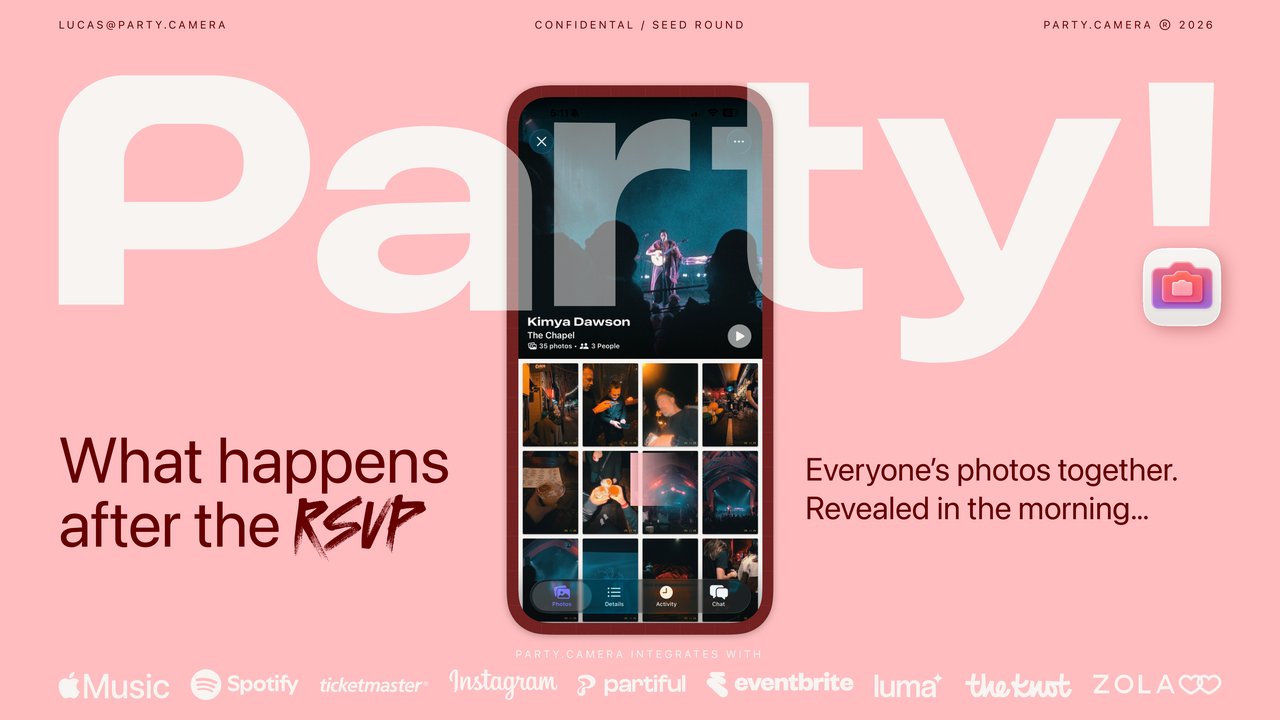 Party.Camera — What happens after the RSVP. Pitch deck cover.